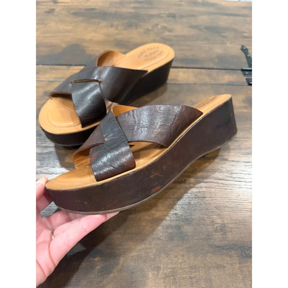 Kork-Ease Platform Wedge Sandals Womens 10 Brown Leather Crisscross Boho Retro